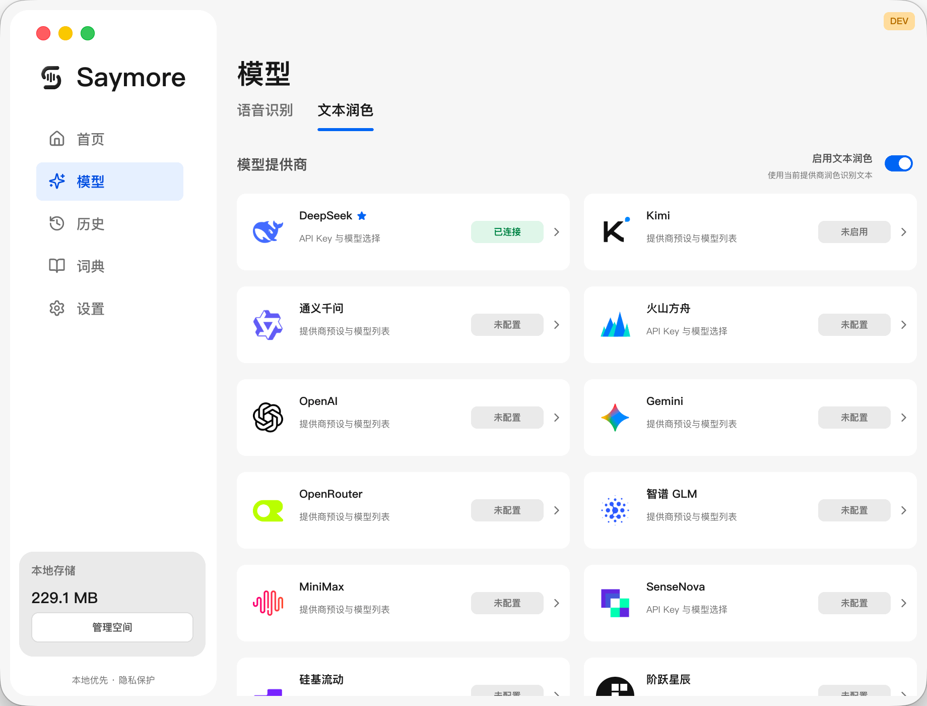 Saymore 文本润色模型提供商设置页