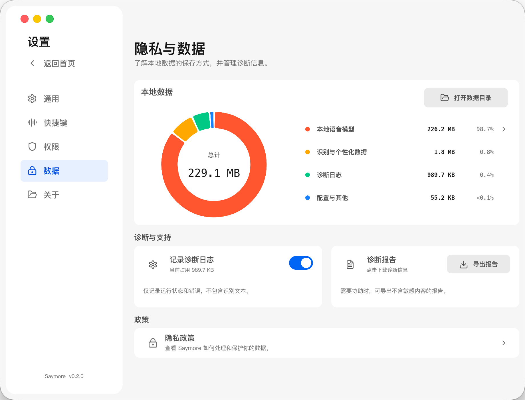 Saymore 隐私与数据页面,展示本地数据占用和诊断选项