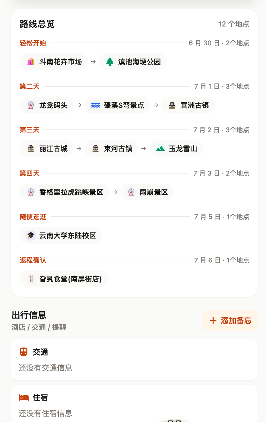 WayLog 路线总览与出行信息页面
